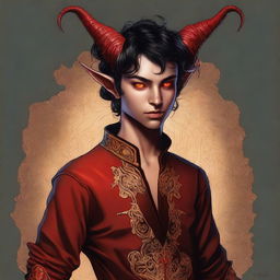 A high-quality digital art piece featuring a full-body image of a teenage, non-binary Tiefling