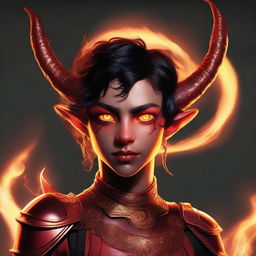 A high-quality digital art piece showcasing a full-body image of a teenage, non-binary Tiefling