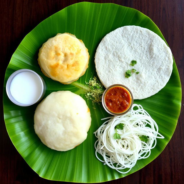 A beautifully arranged plate featuring Appam, Pathiri, and Idiyappam delicately presented on a single banana leaf