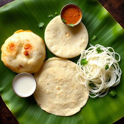 A beautifully arranged plate featuring Appam, Pathiri, and Idiyappam delicately presented on a single banana leaf