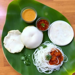 A beautifully arranged plate featuring Appam, Pathiri, and Idiyappam delicately presented on a single banana leaf