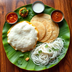 A beautifully arranged plate featuring Appam, Pathiri, and Idiyappam delicately presented on a single banana leaf