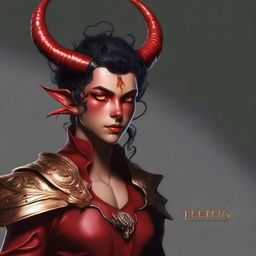 A high-quality digital art piece showcasing a full-body image of a teenage, non-binary Tiefling