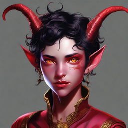 A high-quality digital art piece featuring a full-body image of a teenage, non-binary Tiefling