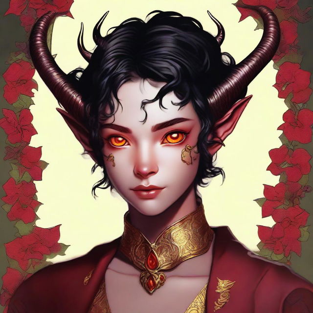 A high-quality digital art piece featuring a full-body image of a teenage, non-binary Tiefling