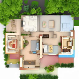 A well-designed second floor plan featuring two master bedrooms, one guestroom, and two washrooms, one attached and one common.