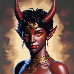 A high-quality digital art piece presenting a full-body image of a teenage, non-binary Tiefling