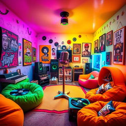 A rapper's room creatively crafted in the whimsical and vibrant style of the game IncredyBox, showcasing a bright and colorful environment