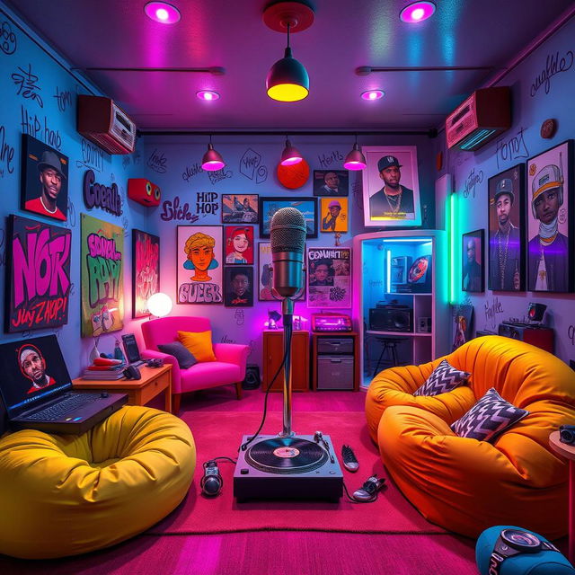 A rapper's room creatively crafted in the whimsical and vibrant style of the game IncredyBox, showcasing a bright and colorful environment