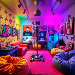 A rapper's room creatively crafted in the whimsical and vibrant style of the game IncredyBox, showcasing a bright and colorful environment