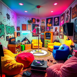 A rapper's room creatively crafted in the whimsical and vibrant style of the game IncredyBox, showcasing a bright and colorful environment