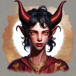 A high-quality digital art piece presenting a full-body image of a teenage, non-binary Tiefling