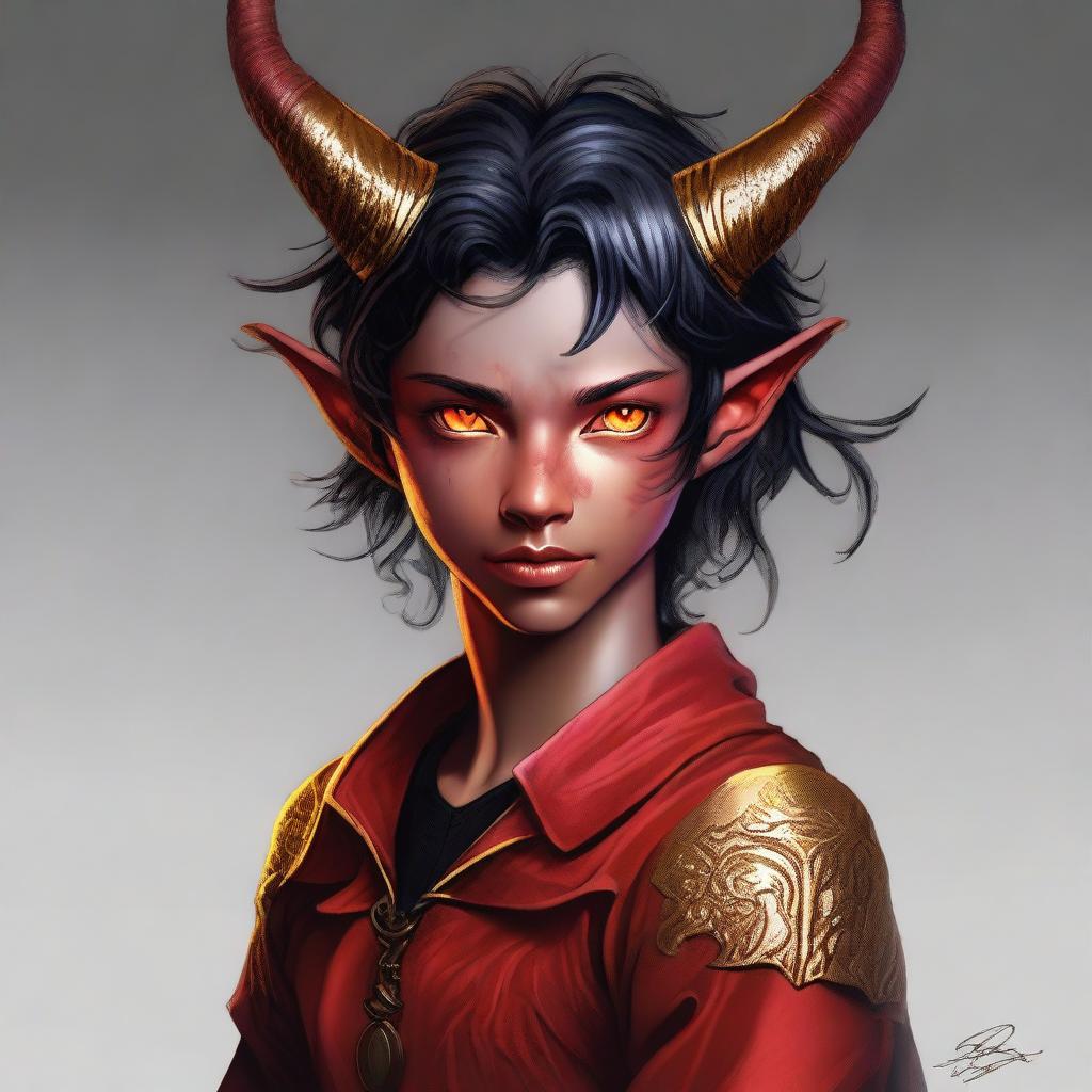 A high-quality digital art piece showcasing a full-body image of a teenage, non-binary Tiefling