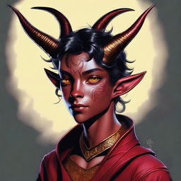 A high-quality digital art piece showcasing a full-body image of a teenage, non-binary Tiefling