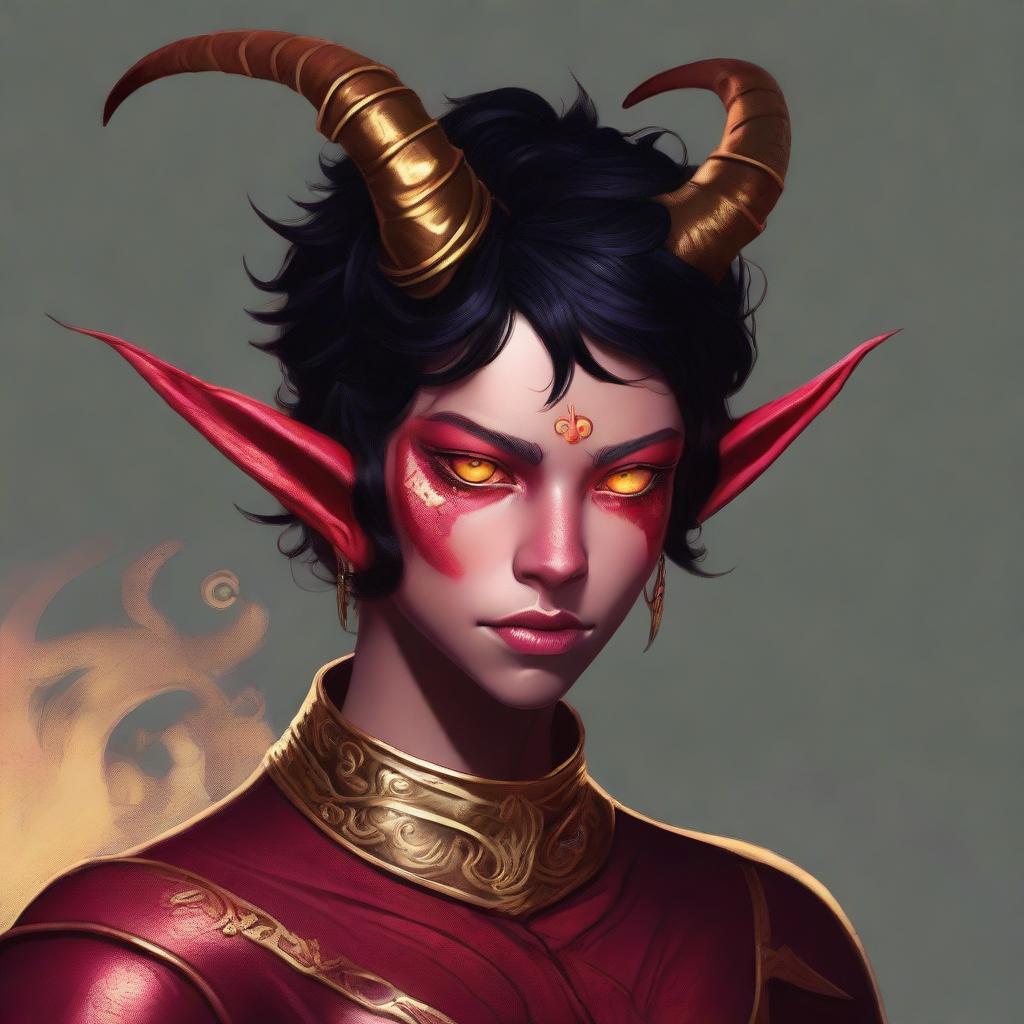 A high-quality digital art piece showcasing a full-body image of a teenage, non-binary Tiefling