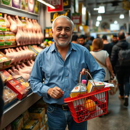 A bustling grocery store in Iran, showcasing a middle-aged man with a friendly demeanor, standing in front of a vibrant display of fresh chicken