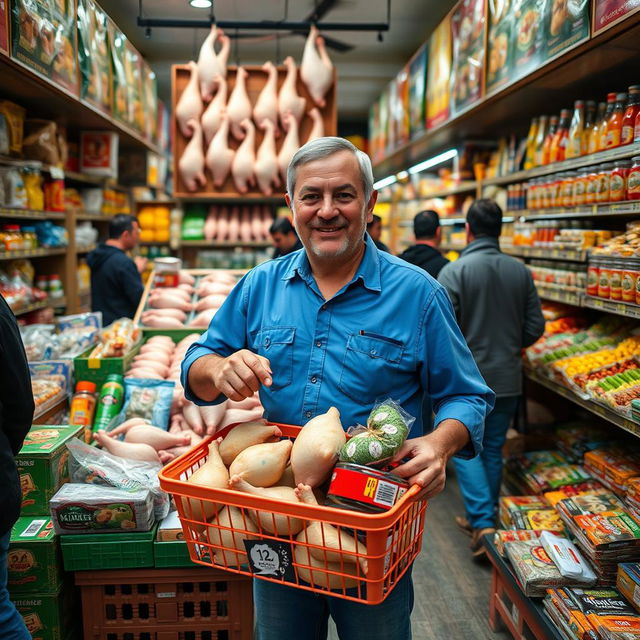 A bustling grocery store in Iran, showcasing a middle-aged man with a friendly demeanor, standing in front of a vibrant display of fresh chicken