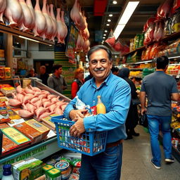 A bustling grocery store in Iran, showcasing a middle-aged man with a friendly demeanor, standing in front of a vibrant display of fresh chicken