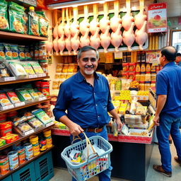 A bustling grocery store in Iran, showcasing a middle-aged man with a friendly demeanor, standing in front of a vibrant display of fresh chicken