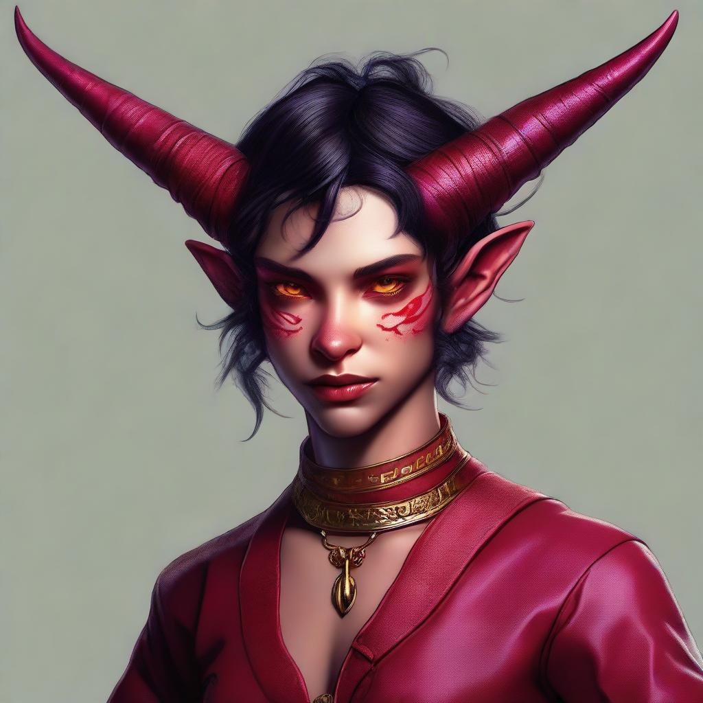 A high-quality digital art piece showcasing a full-body image of a teenage, non-binary Tiefling