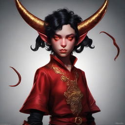 A high-quality digital art piece showcasing a full-body image of a teenage, non-binary Tiefling