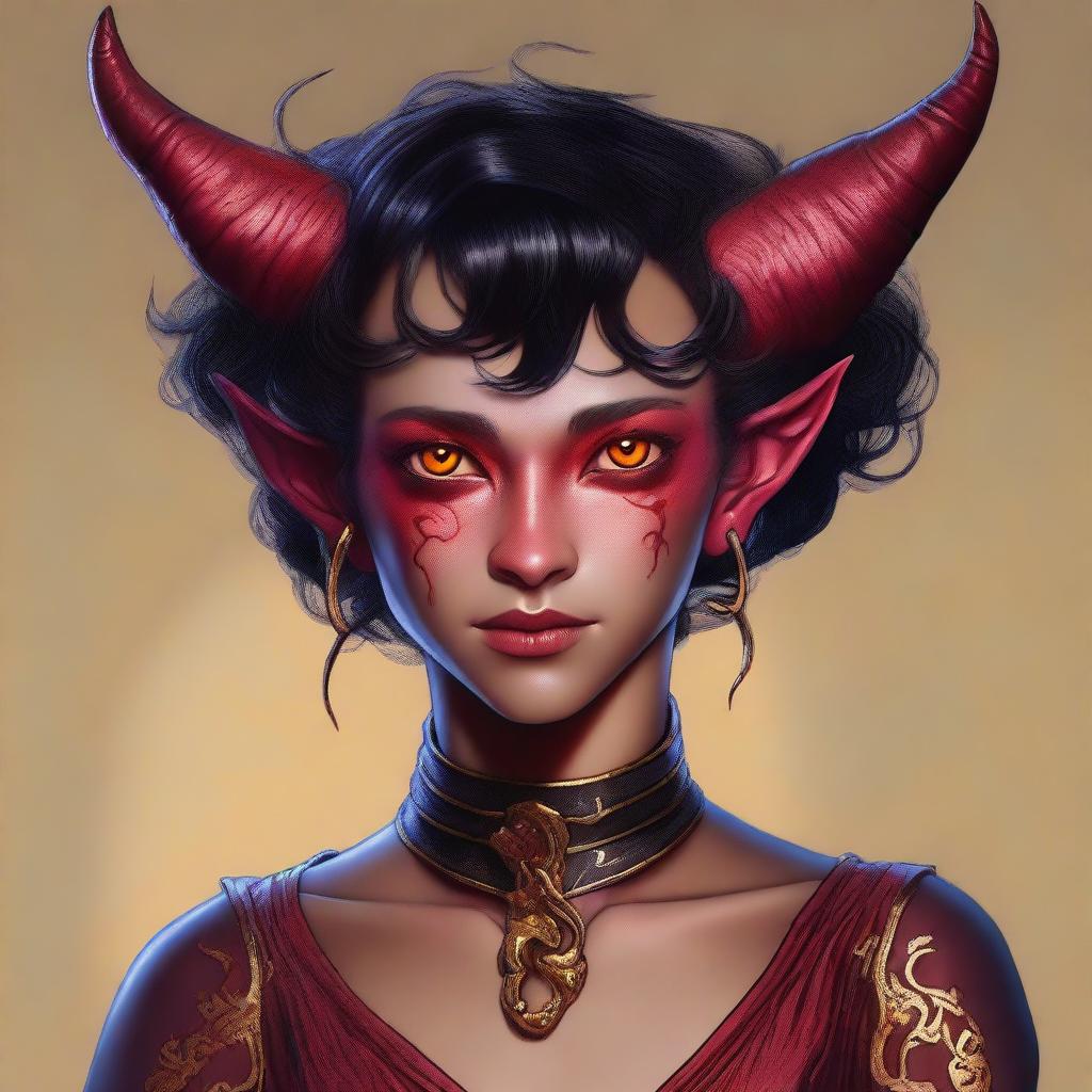 A high-quality digital art piece featuring a full-body image of a teenage, non-binary Tiefling