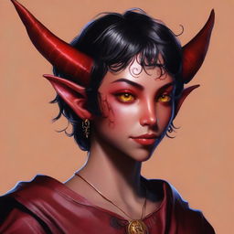 A high-quality digital art piece featuring a full-body image of a teenage, non-binary Tiefling