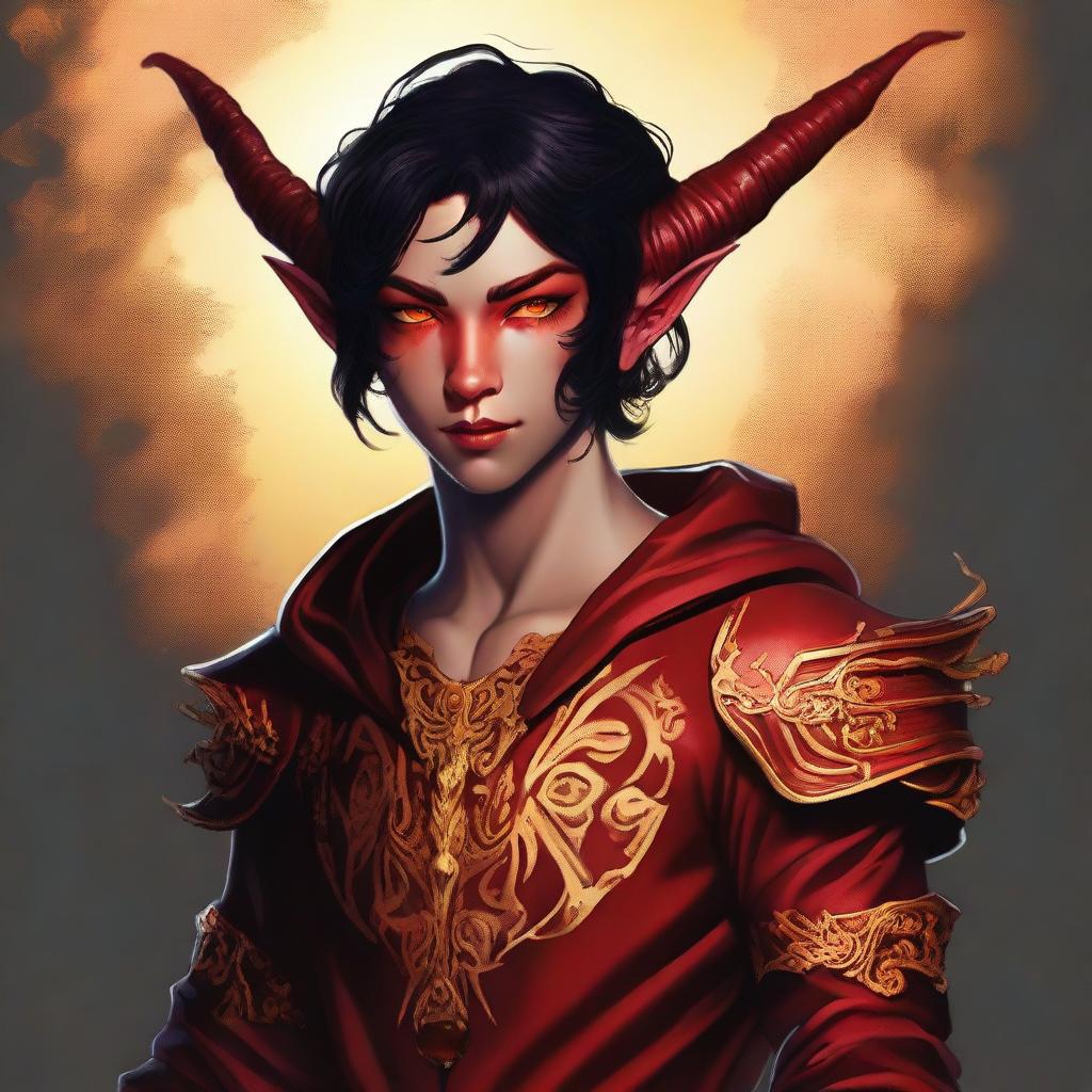 A high-quality digital art piece featuring a full-body image of a teenage, non-binary Tiefling