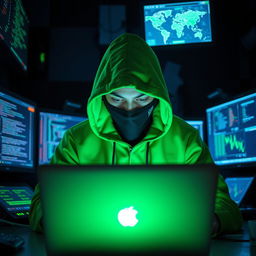 A hacker dressed in a vibrant green outfit, with a hood completely covering their face, creating an air of mystery