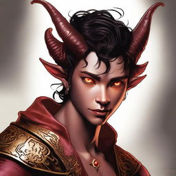 A high-quality digital art piece featuring a full-body image of a teenage, non-binary Tiefling