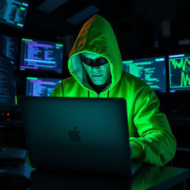 A hacker dressed in a vibrant green outfit, with a hood completely covering their face, creating an air of mystery