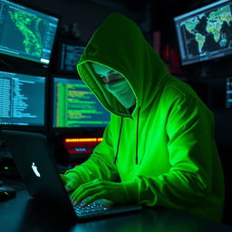 A hacker dressed in a vibrant green outfit, with a hood completely covering their face, creating an air of mystery