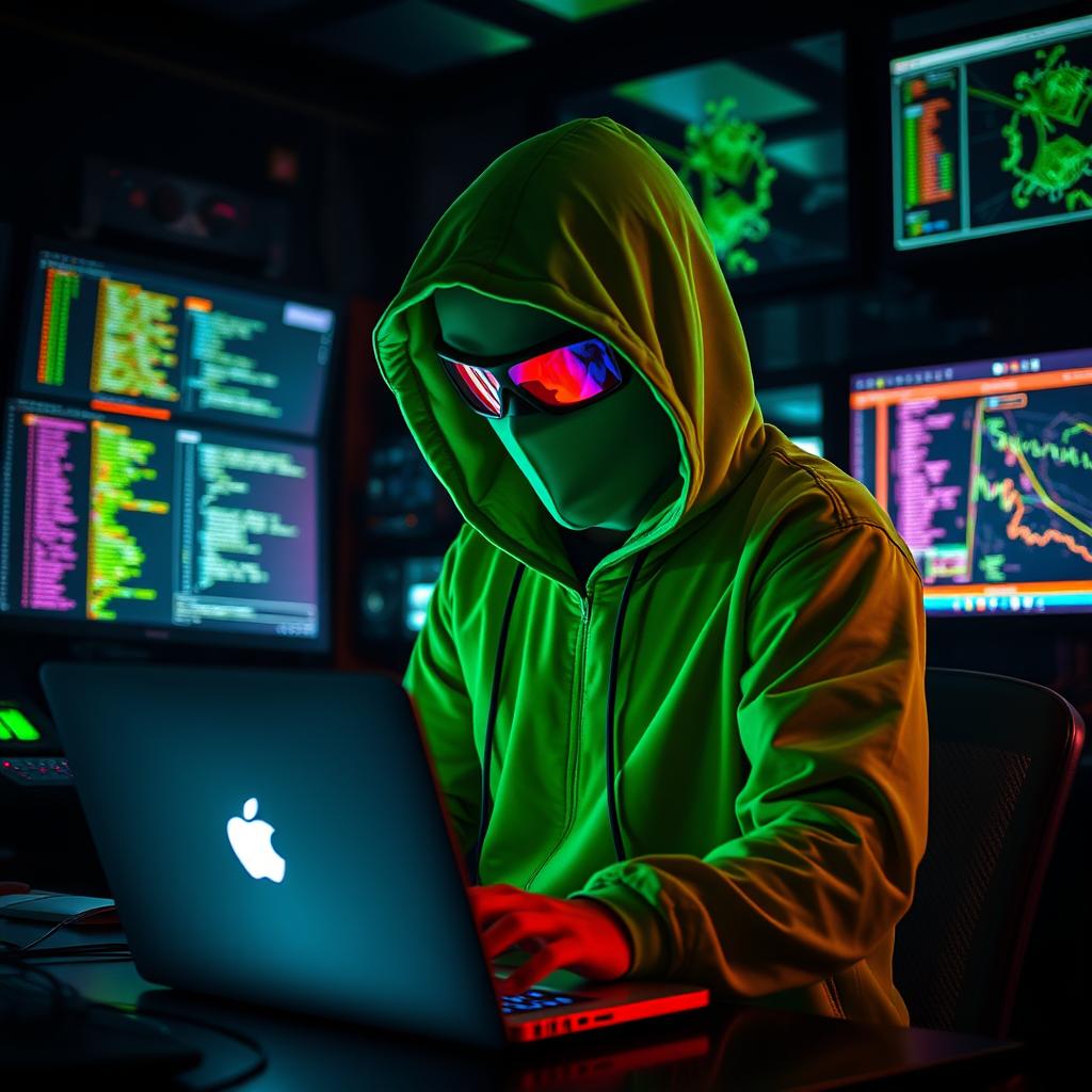 A hacker dressed in a vibrant green outfit, with a hood completely covering their face, creating an air of mystery