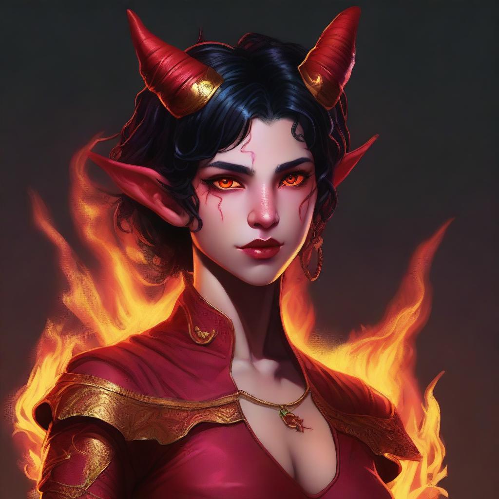 A high-quality digital art piece featuring a full-body image of a teenage, non-binary Tiefling