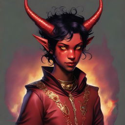 A high-quality digital art piece featuring a full-body image of a teenage, non-binary Tiefling