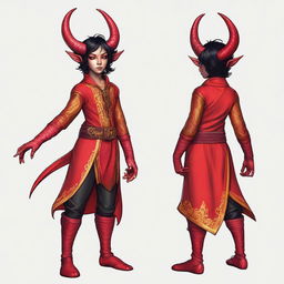 A high-quality digital art piece featuring a full-body image of a teenage, non-binary Tiefling