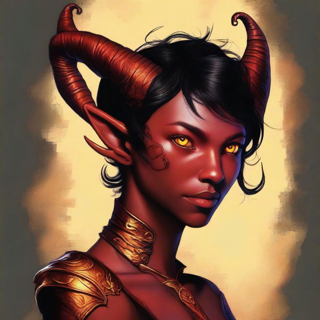 A high-quality digital art piece featuring a full-body image of a teenage, non-binary Tiefling