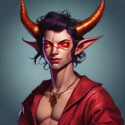 A high-quality digital art piece featuring a full-body image of a teenage, non-binary Tiefling