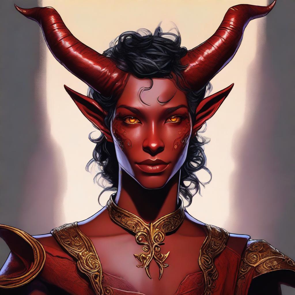 A high-quality digital art piece featuring a teenage, non-binary Tiefling