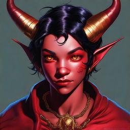 A high-quality digital art piece featuring a teenage, non-binary Tiefling