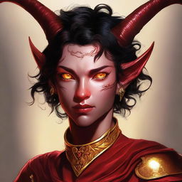 A high-quality digital art piece featuring a teenage, non-binary Tiefling