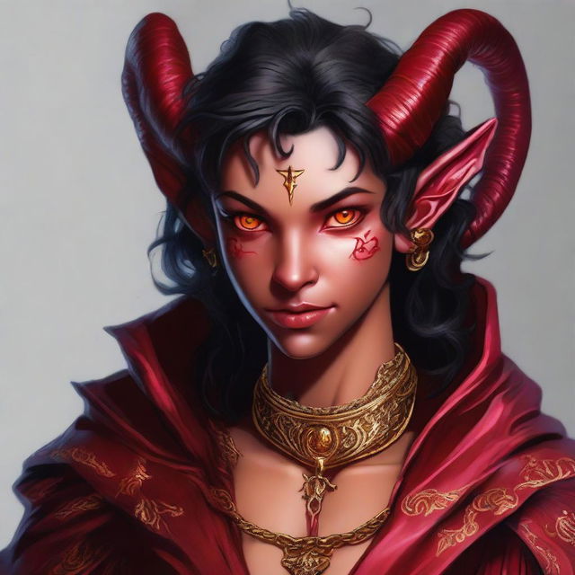 A high-quality digital art piece featuring a teenage, non-binary Tiefling