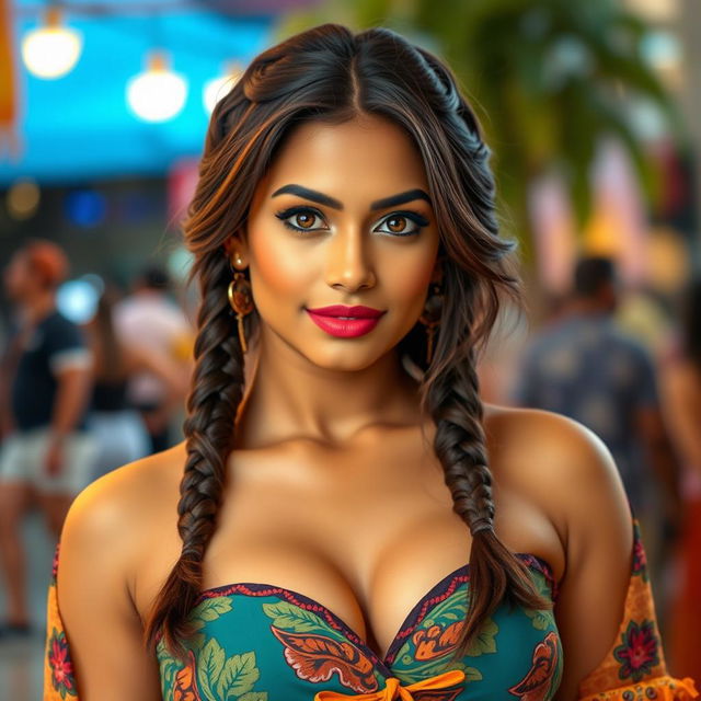 A beautiful, glamorous 25-year-old Indian woman with striking big dark eyes and long brown hair styled in two braids