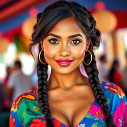 A beautiful, glamorous 25-year-old Indian woman with striking big dark eyes and long brown hair styled in two braids