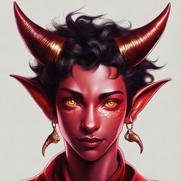 A high-quality digital art piece featuring a teenage, non-binary Tiefling