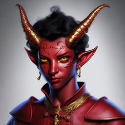 A high-quality digital art piece featuring a teenage, non-binary Tiefling