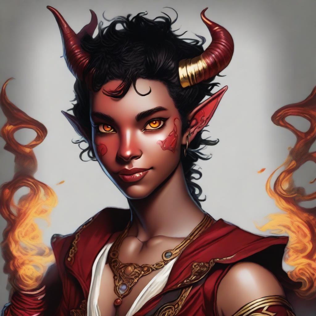 This is a high-quality digital art representation of a teenaged, non-binary tiefling