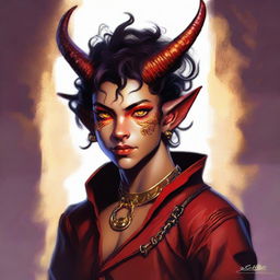 This is a high-quality digital art representation of a teenaged, non-binary tiefling