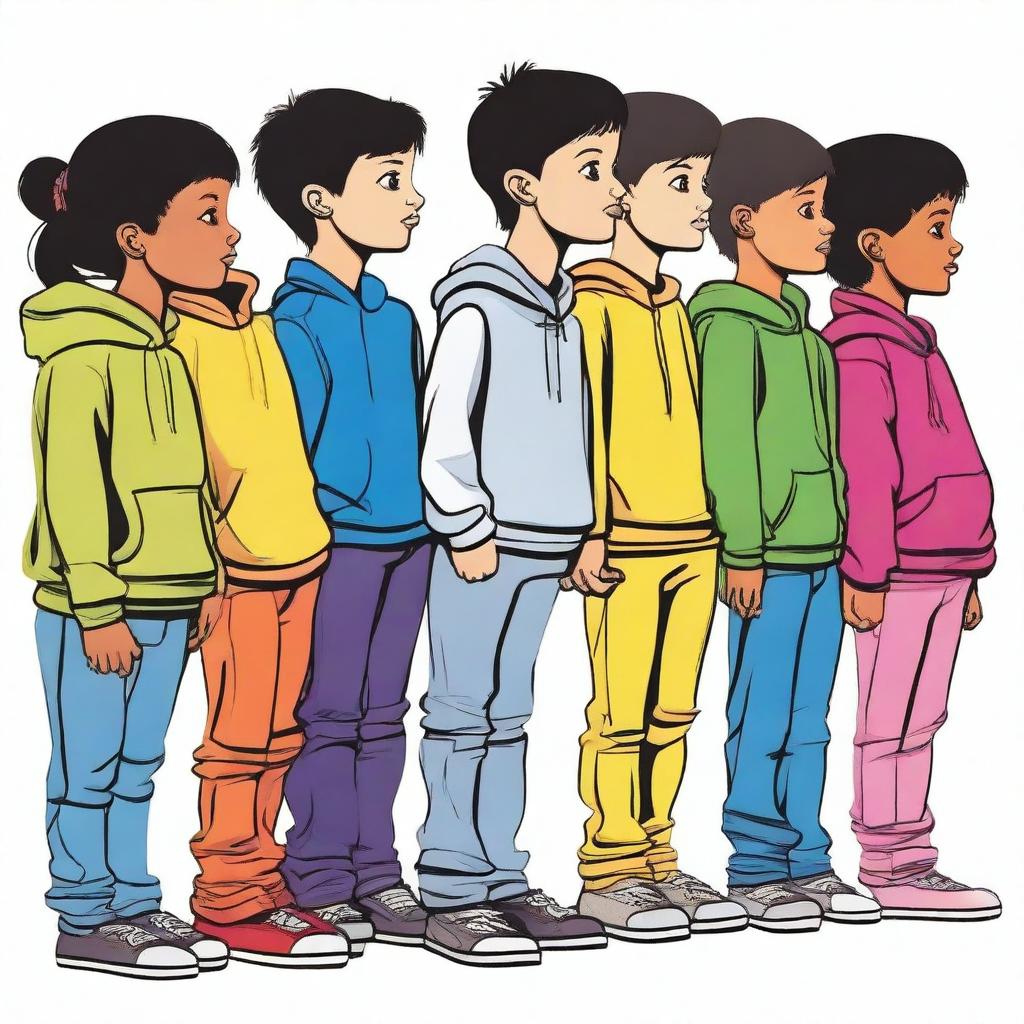 This is a superior quality vector image depicting a line of children standing in a side pose