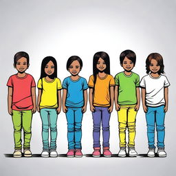 This is a superior quality vector image depicting a line of children standing in a side pose